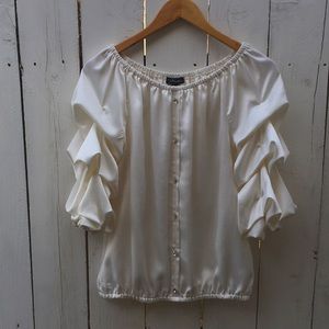 Prelude Satin Puff-sleeve off-shoulder with faux gem buttons in cream